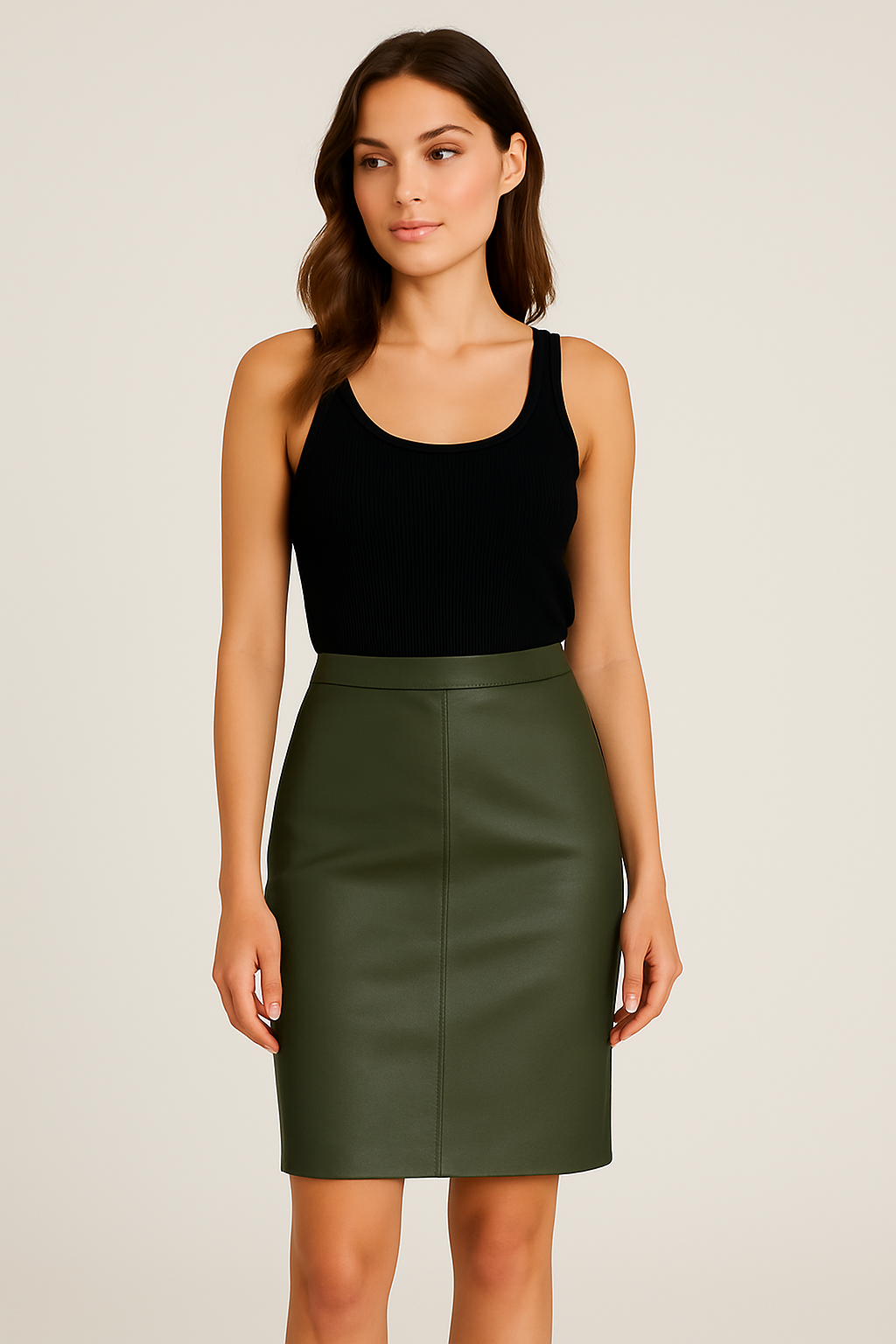 Jupe en cuir véritable – Vert kaki